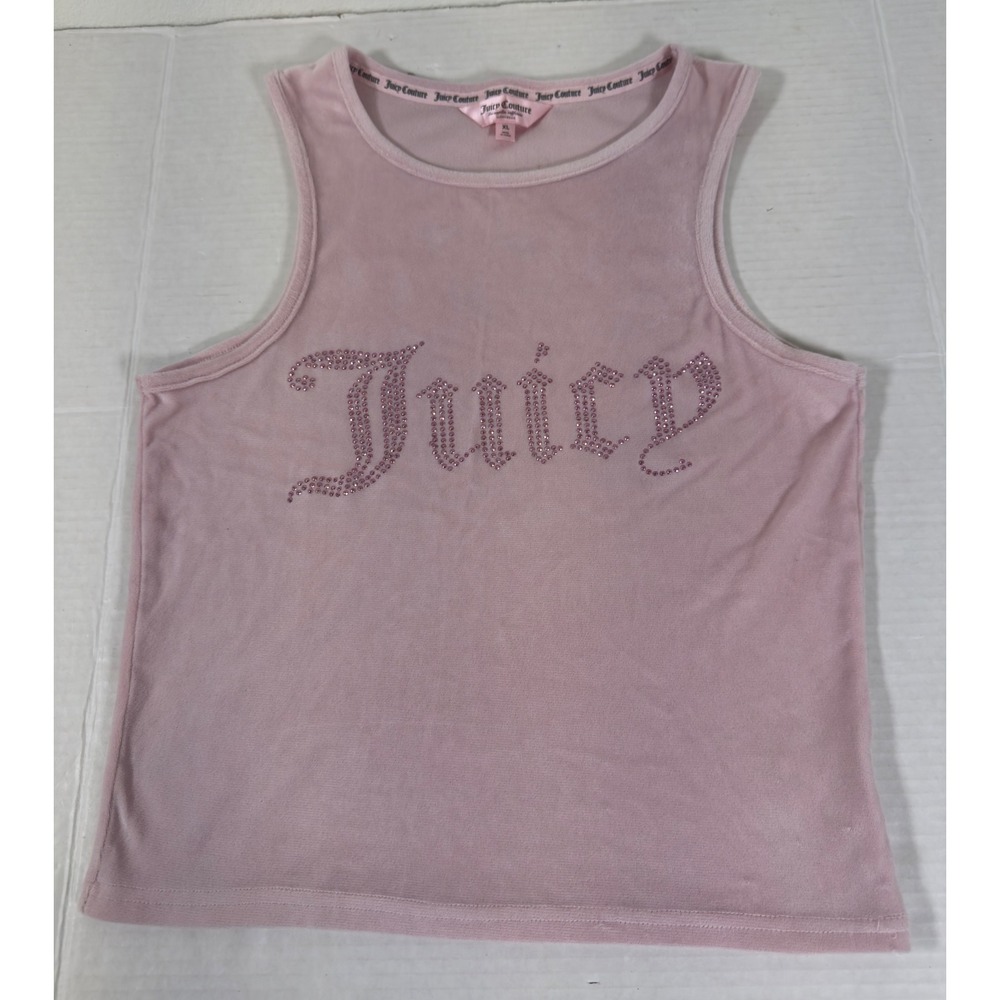 Juicy Couture Tank Top Womens XL Pink Velour Rhinestone Logo Y2K